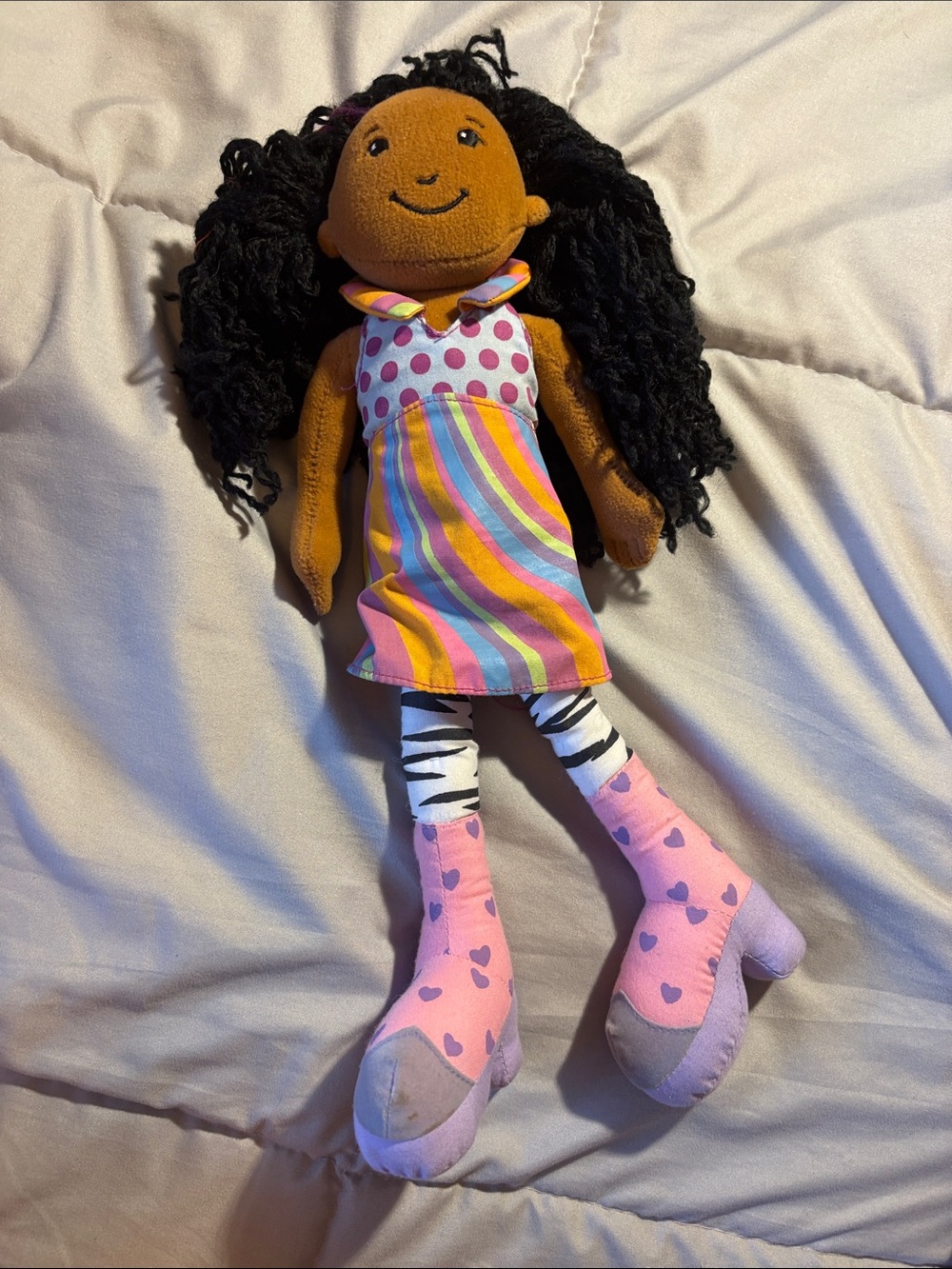Plush Rag Doll in Multi-Color Dress with Pink Heart Boots